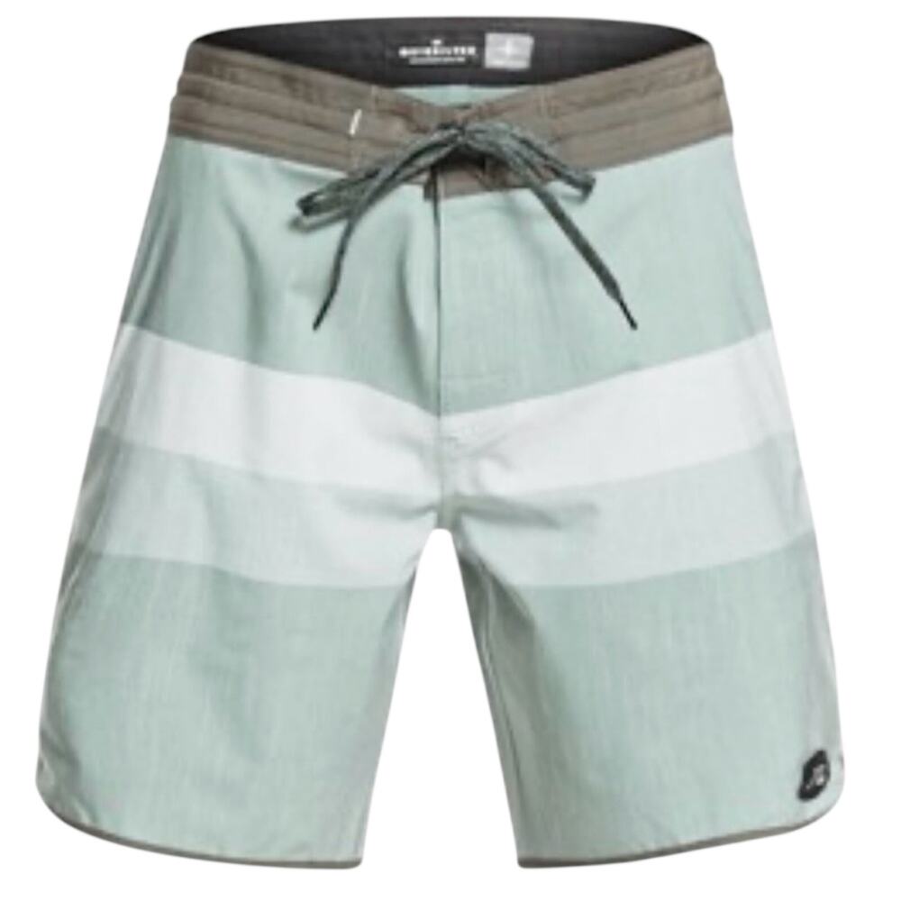 Quiksilver Mens Boardshorts 38 Sage Green Colorblock Stripe Swim Shorts Stretch